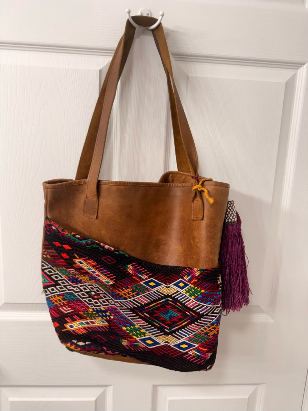 Ixchel Triangle Leather Tote Bag with Multicolor Woven Front
